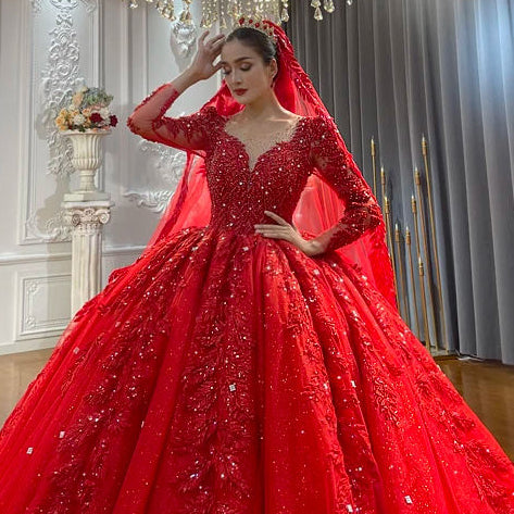 Vintage Red Glitter Long Sleeve Bridal Gown Vintage Red Glitter Long Sleeve Bridal Gown