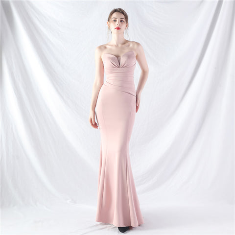 Craft Dress Sexy Shoulder Wrap Chest satin fabric Evening Dress