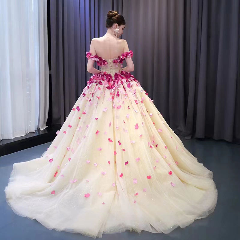 fairy inspired dress Silver Whimsical Off-the-Shoulder Glittering Evening Gown The floor Fairy Style 3D Flower Bridal