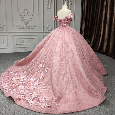 Pink Floral Design Elegant Off Shoulder Bridal Gown