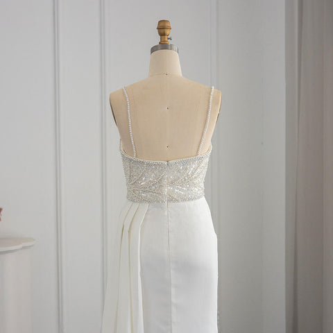 Simple White Asymmetrical Sequins Beading Spaghetti Strap Evening Party Dress