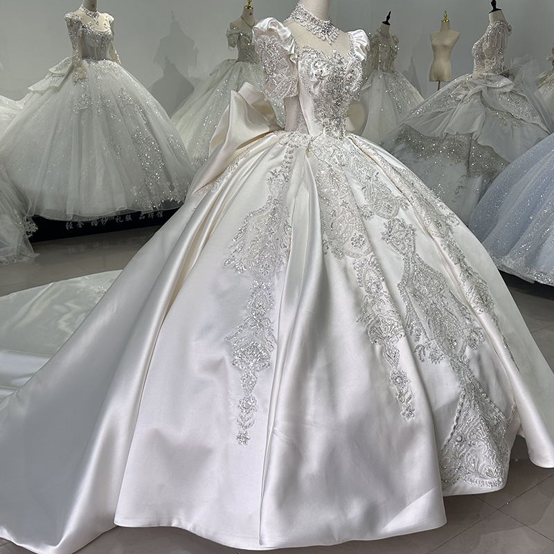 Elegant Bow Satin Puff Sleeve Ball Gown Wedding Dresses – Everlaine