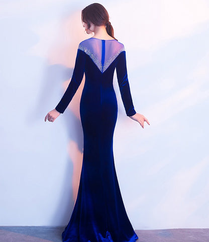 Cute Mermaid V Neck Royal Blue Velvet Long Prom Dresses with Bow VK112303 –  Vickidress